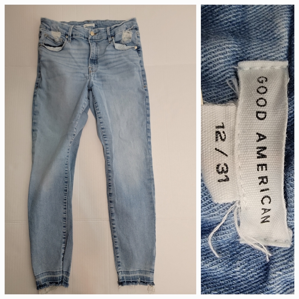 Good American Jeans Sz 12/31 Slim Leg High Rise Stretch Distressed